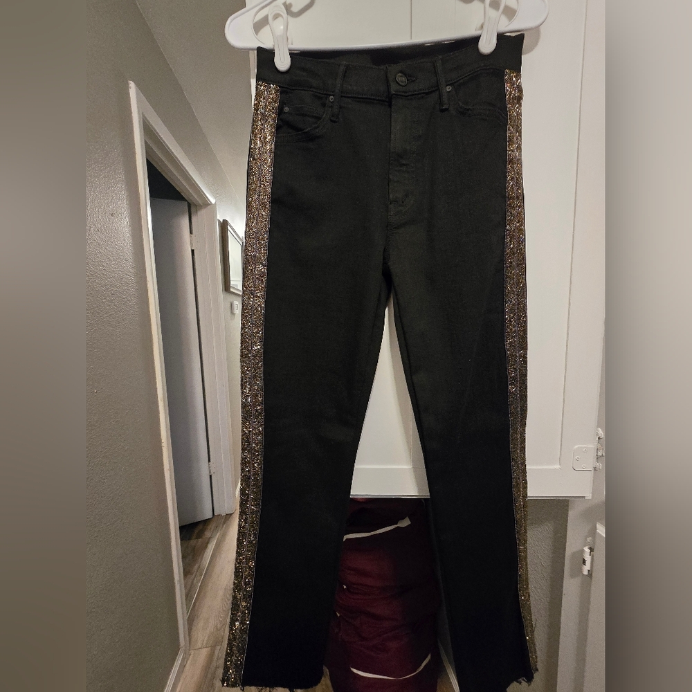 MOTHER Black Jeans with Glittering Gold Stripes